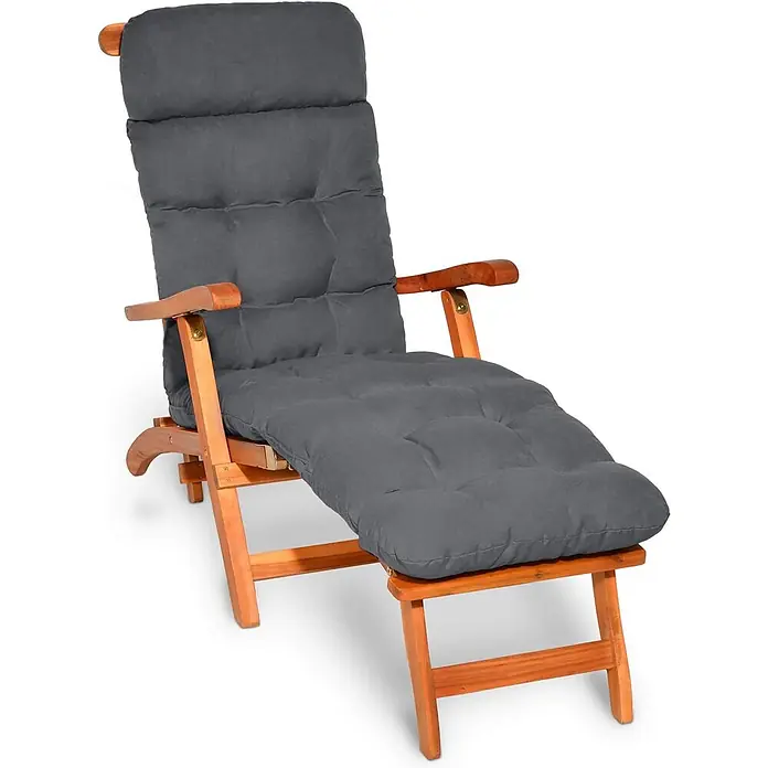 Beautissu Liegenauflage Flair DC - Deckchair, 2 Stk., L x B x H: 200 x 50 x 8 cm, Polyester, Graphitgrau - Hölzerner Liegestuhl mit bequemer grauer Polsterauflage.
