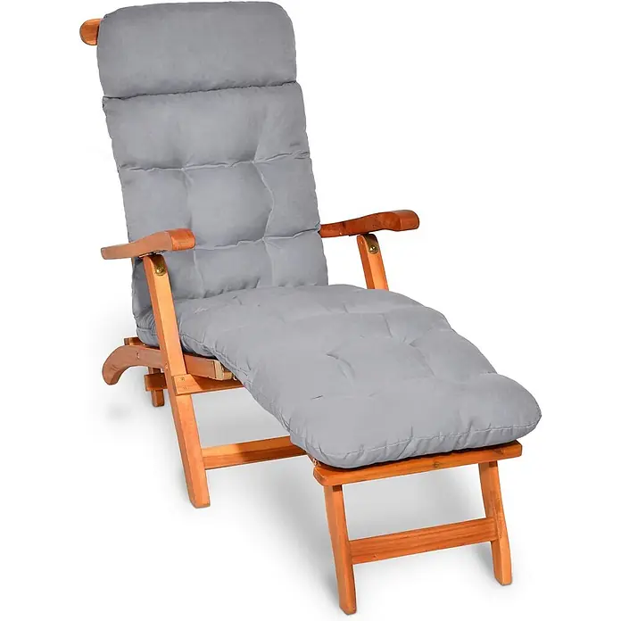 Beautissu Liegenauflage Flair DC - Deckchair, 2 Stk., L x B x H: 200 x 50 x 8 cm, Polyester, Hellgrau - Holzliegestuhl mit hellgrauem, gestepptem Kissen, zum bequemen Entspannen.