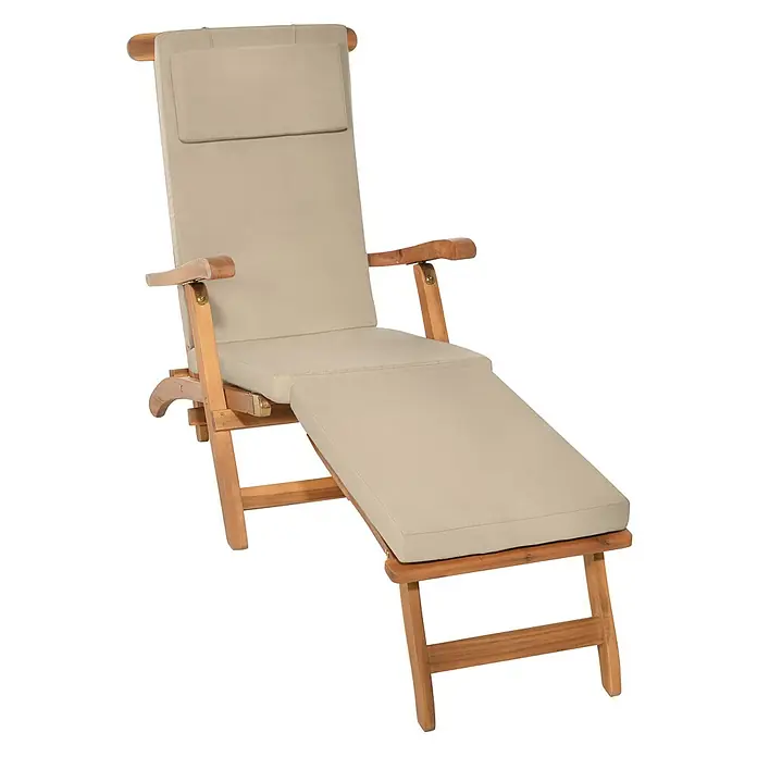Beautissu Liegenauflage LoftLux DC - Deckchair, 1 Stk., Polyester, Natur - Klappbare Holz-Chaiselongue mit hellbeigen Polstern, zum Liegen ausgezogen.