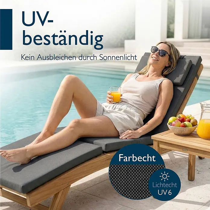 Beautissu Liegenauflage QD-DC - Deckchair, 1 Stk., Polyester, Anthrazit - Holzliegestuhl für den Außenbereich mit dunkelgrauen Kissen, UV-beständig, am Pool.