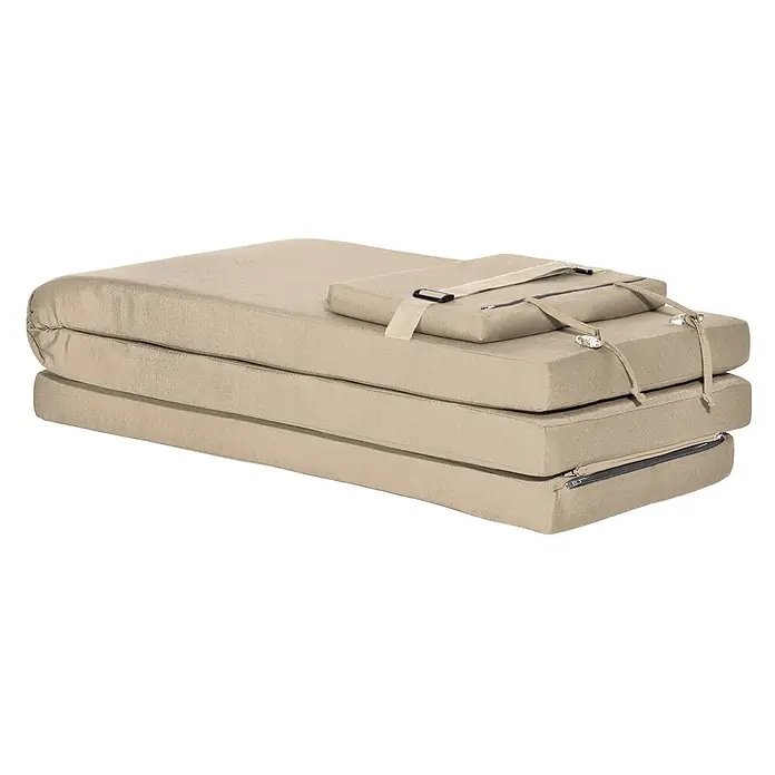 Beautissu Liegenauflage LoftLux DC - Deckchair, 1 Stk., Polyester, Natur - Eine beige, dreiteilige Klappmatratze mit einem kleineren Kissen obendrauf, mit Gurten gesichert.