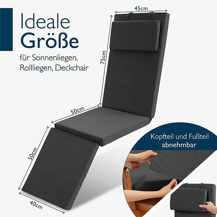 Beautissu Liegenauflage QD-DC - Deckchair, 1 Stk., Polyester, Anthrazit - Dunkelgraues Liegekissen mit Maßen und abnehmbarem Kopf- und Fußteil, ideal für Sonnenliegen.