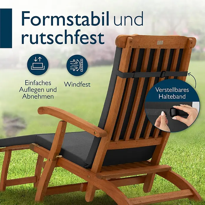 Beautissu Liegenauflage QD-DC - Deckchair, 1 Stk., Polyester, Anthrazit - Holzliegestuhl für den Garten mit dunkelgrauen Kissen und verstellbarem Halteband für Stabilität.