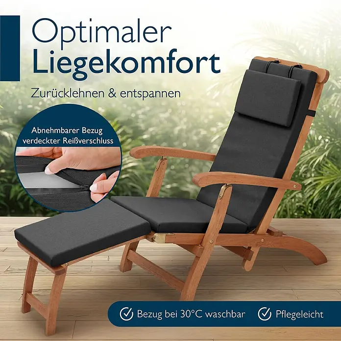 Beautissu Liegenauflage QD-DC - Deckchair, 1 Stk., Polyester, Anthrazit - Holzliliege aus Holz mit dunkelgrauen Polstern, abnehmbarer und waschbarer Bezug für optimalen Komfort.
