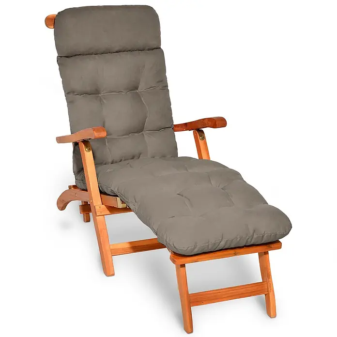 Beautissu Liegenauflage Flair DC - Deckchair, 1 Stk., Polyester, Taupe - Hölzerner Liegestuhl mit dickem grauen Polsterkissen.