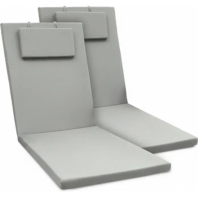 Beautissu Liegenauflage Loft RL - Rollliege, 2 Stk., L x B x H: 200 x 60 x 10 cm, Polyester, Hellgrau - Zwei graue Outdoor-Liegestuhlauflagen, jede mit einem abnehmbaren Kopfkissen.