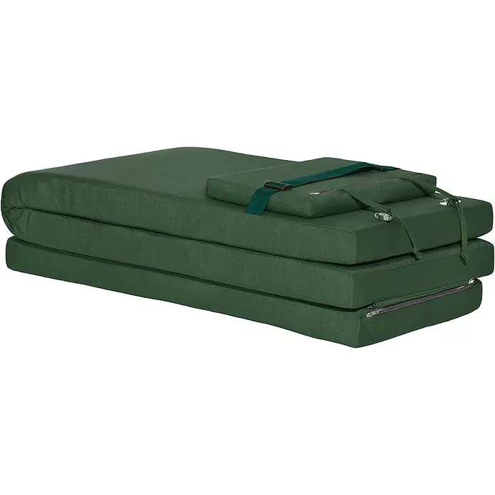 Beautissu Liegenauflage LoftLux DC - Deckchair, 2 Stk., L x B x H: 175 x 45 x 10 cm, Polyester, Dunkelgrün - Faltbares dunkelgrünes Meditationskissen-Set, bestehend aus Zafu und Zabuton, mit Riemen und Reißverschlüssen für den Transport.