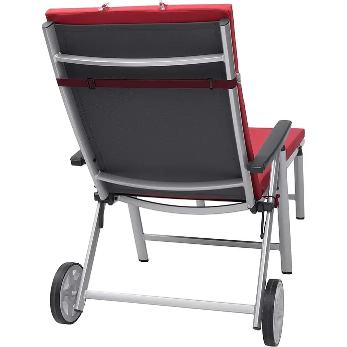 Beautissu Liegenauflage Loft RL - Rollliege, 2 Stk., Polyester, Rot - Rote gepolsterte Sonnenliege mit silbernem Rahmen, dunkelgrauer Netzbespannung, schwarzen Armlehnen und Rädern, von hinten.