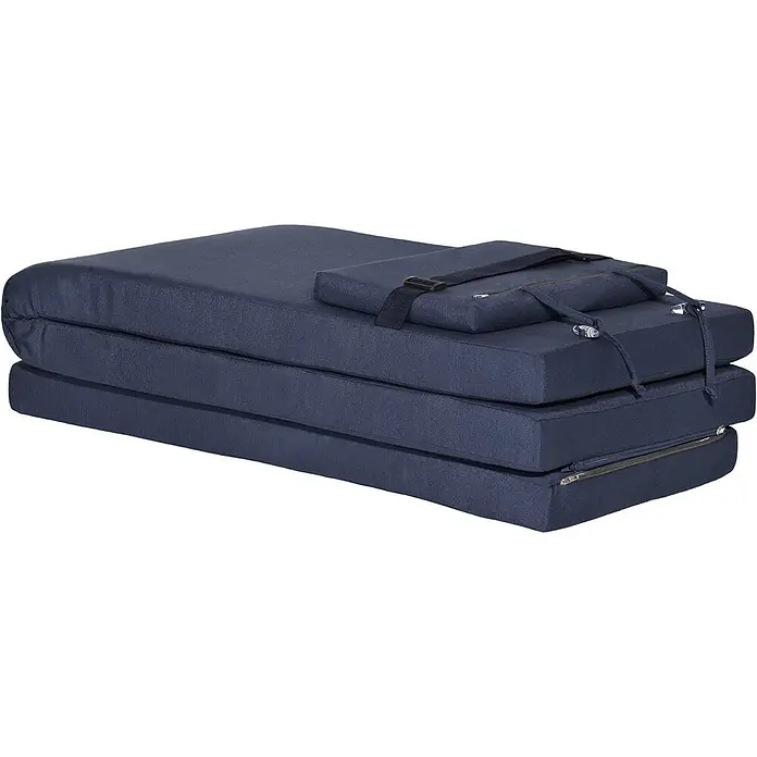 Beautissu Liegenauflage LoftLux DC - Deckchair, 2 Stk., Polyester, Dunkelblau - Marineblaues, klappbares Bodenbett mit kleinem Kissen und Tragegurten, zusammengefaltet.