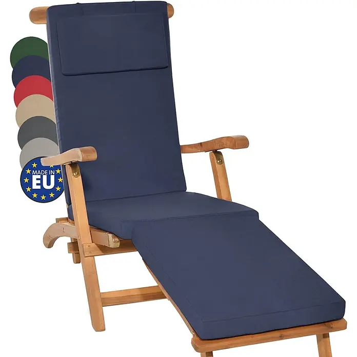 Beautissu Liegenauflage LoftLux DC - Deckchair, 2 Stk., Polyester, Dunkelblau - Verstellbare Holzliege mit dunkelblauen durchgehenden Auflagen, mit „Made in EU“-Etikett.