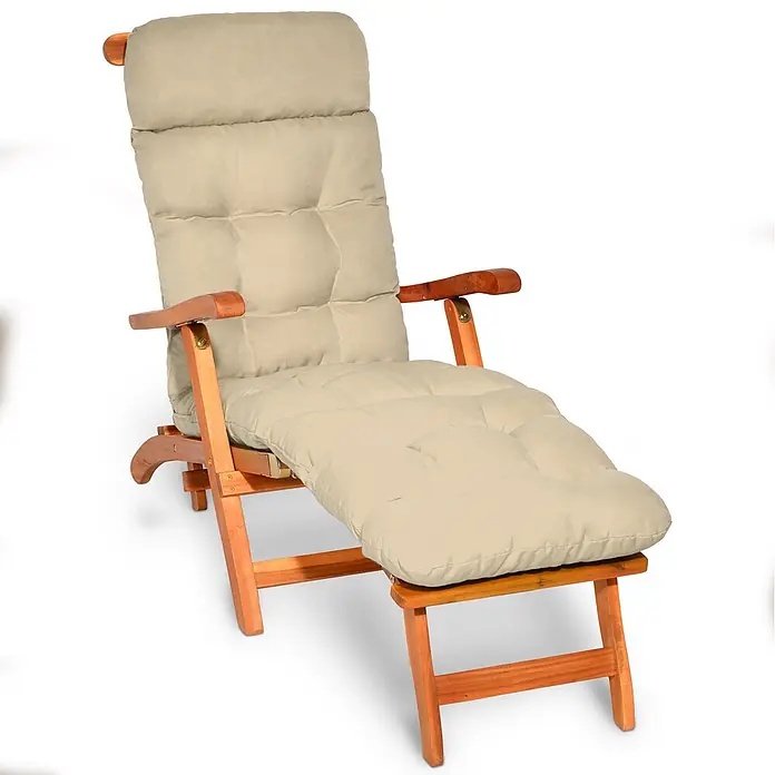 Beautissu Liegenauflage Flair DC - Deckchair, 1 Stk., L x B x H: 200 x 50 x 8 cm, Polyester, Natur - Verstellbare Holzliege mit dickem beigem Kissen für bequeme Entspannung.