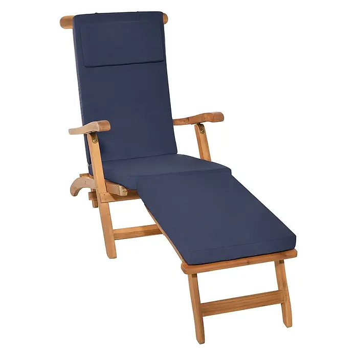 Beautissu Liegenauflage LoftLux DC - Deckchair, 1 Stk., L x B x H: 175 x 45 x 5 cm, Polyester, Dunkelblau - Hölzerner Liegestuhl mit dunkelblauen Polstern.