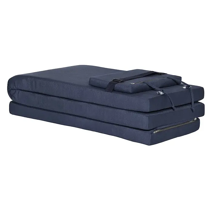 Beautissu Liegenauflage LoftLux DC - Deckchair, 1 Stk., L x B x H: 175 x 45 x 5 cm, Polyester, Dunkelblau - Marineblaues dreifach faltbares Matratze, zusammengeklappt, mit kleinem Kissen und Gurten.