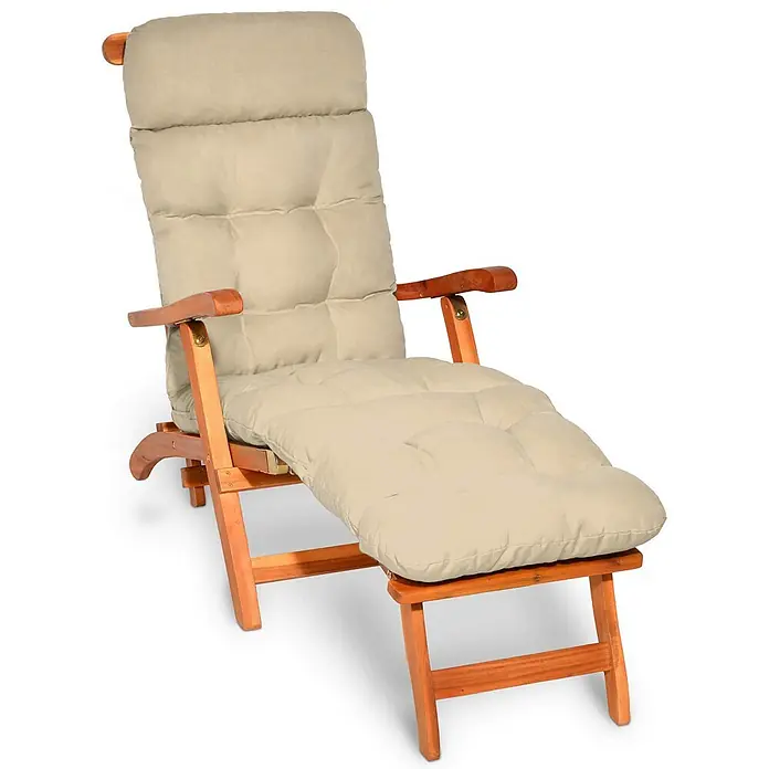 Beautissu Liegenauflage Flair DC - Deckchair, 2 Stk., L x B x H: 200 x 50 x 8 cm, Polyester, Natur - Verstellbare Holzliege mit dickem, bequemem beigefarbenem Kissen.