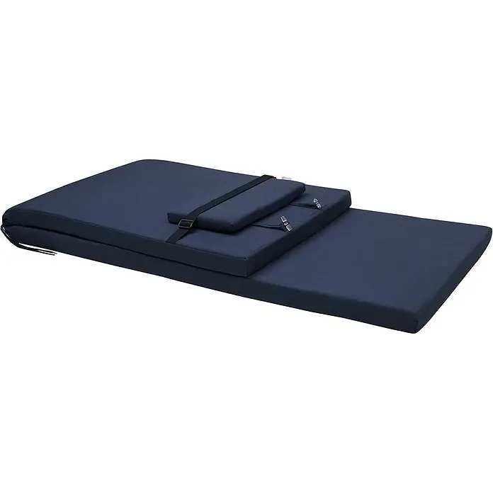 Beautissu Liegenauflage Loft RL - Rollliege, 2 Stk., L x B x H: 200 x 60 x 10 cm, Polyester, Dunkelblau - Dunkelblaue faltbare Matratze mit separatem, durch einen schwarzen Gurt befestigtem Kissen.