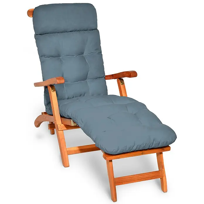 Beautissu Liegenauflage Flair DC - Deckchair, 2 Stk., L x B x H: 200 x 50 x 16 cm, Polyester, Taubenblau - Holzliegestuhl mit hellbraunem Gestell und bequemer, gesteppter blaugrauer Polsterauflage zum Entspannen.