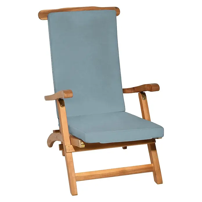 Beautissu Liegenauflage LoftLux DC - Deckchair, 1 Stk., L x B x H: 175 x 45 x 5 cm, Polyester, Taubenblau - Hölzerner Liegestuhl mit hellblauen Sitz- und Rückenpolstern.