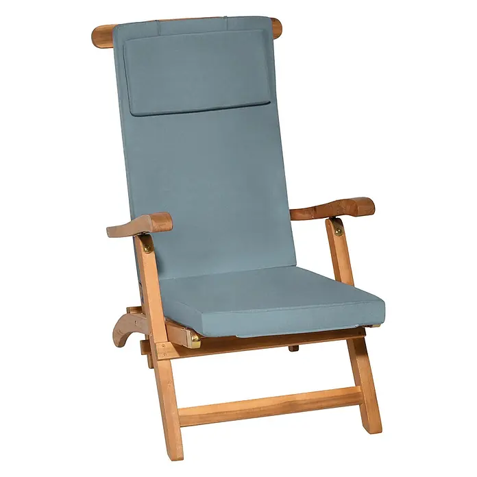 Beautissu Liegenauflage LoftLux DC - Deckchair, 1 Stk., L x B x H: 175 x 45 x 5 cm, Polyester, Taubenblau - Verstellbarer Holzliegestuhl mit hellblau-grauem Polsterkissen.