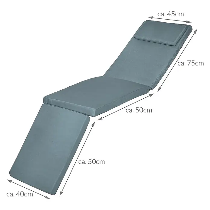 Beautissu Liegenauflage LoftLux DC - Deckchair, 1 Stk., L x B x H: 175 x 45 x 5 cm, Polyester, Taubenblau - Zweiteiliges grau-blaues, gepolstertes Liegenauflagekissen mit Kopfstütze, ideal für Gartenliegen.