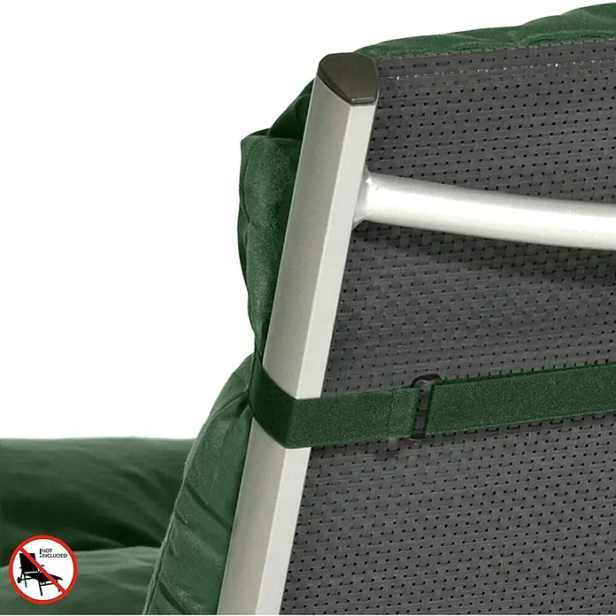 Beautissu Liegenauflage Flair RL - Rollliege, 2 Stk., L x B x H: 190 x 60 x 16 cm, Polyester, Dunkelgrün - Dunkelgrünes Kissen mit grünem Gurt an einer Stuhllehne befestigt, zeigt die graue Rückenlehne und das silberne Gestell.