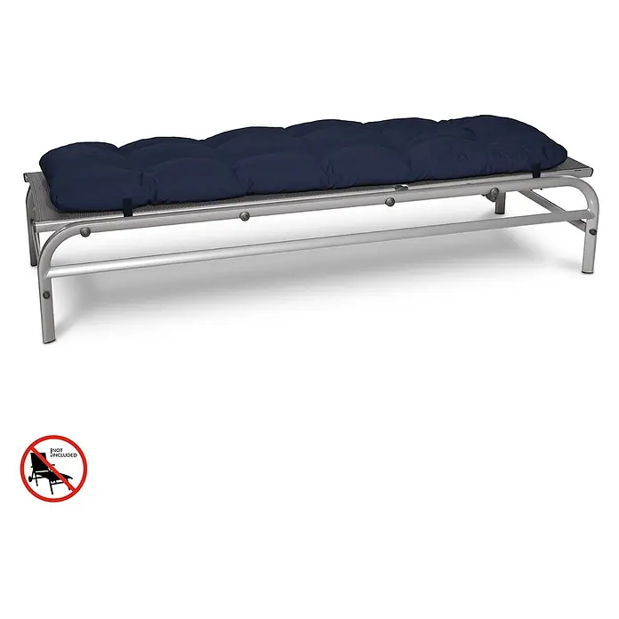 Beautissu Liegenauflage Flair RL - Rollliege, 1 Stk., L x B x H: 190 x 60 x 8 cm, Polyester, Dunkelblau - Silbernes Metall-Klappbett/Liege mit dickem, dunkelblauem, getuftetem Kissen für bequemes Sitzen oder Liegen.