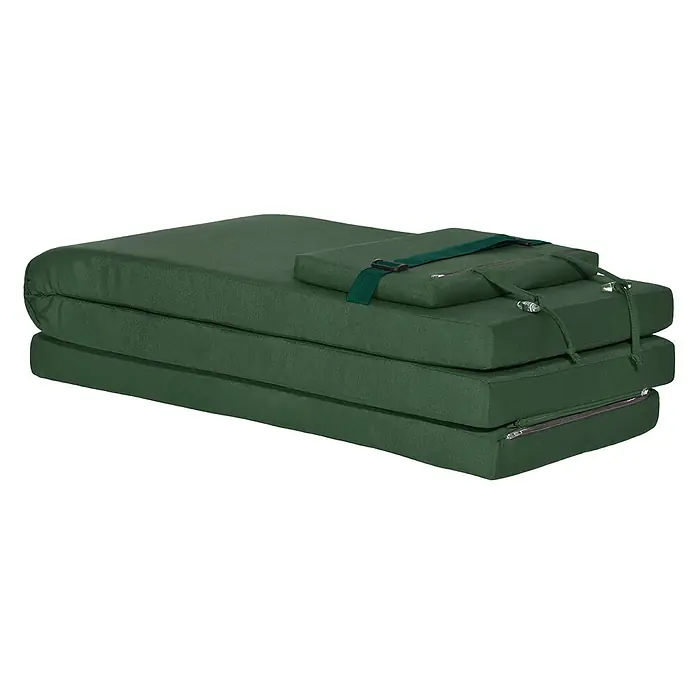 Beautissu Liegenauflage LoftLux DC - Deckchair, 1 Stk., L x B x H: 175 x 45 x 5 cm, Polyester, Dunkelgrün - Eine dunkelgrüne Faltmatratze mit passendem Kissen, mit Reißverschlüssen und einem Tragegurt.