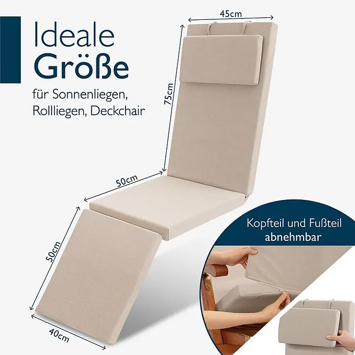 Beautissu Liegenauflage QD-DC - Deckchair, 1 Stk., L x B x H: 175 x 45 x 5 cm, Polyester, Beige - Beiges Liegekissen mit abnehmbarem Kopf- und Fußteil, Maße werden angezeigt. Ideal für Sonnenliegen.