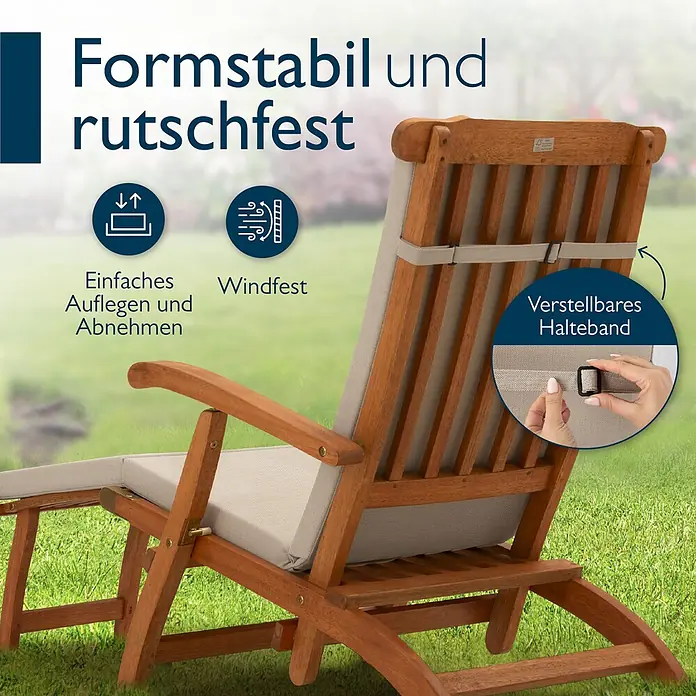 Beautissu Liegenauflage QD-DC - Deckchair, 1 Stk., L x B x H: 175 x 45 x 5 cm, Polyester, Beige - Braune Holz-Gartenliege mit hellbeigen Polstern. Mit verstellbarem Gurt für sicheren, rutschfesten und windfesten Halt.