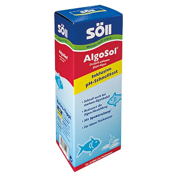 Söll Algenvernichter AlgoSol - 500 ml - Produktbild von Söll AlgoSol gegen Algenbefall im Gartenteich. Inklusive Schnelltest zur Messung des pH-Werts im Wasser.