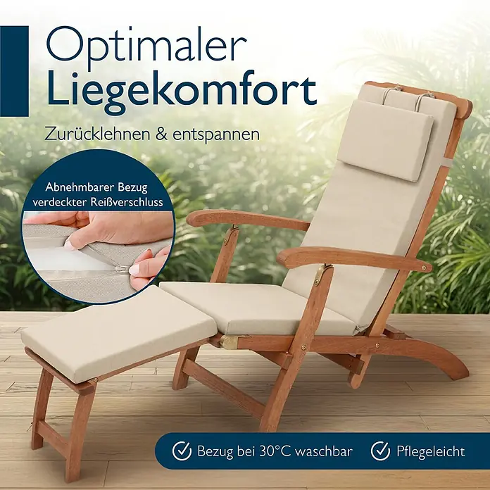 Beautissu Liegenauflage QD-DC - Deckchair, 1 Stk., L x B x H: 175 x 45 x 5 cm, Polyester, Beige - Hölzerne Gartenliege mit beigen Polstern und Fußhocker, für optimalen Komfort.