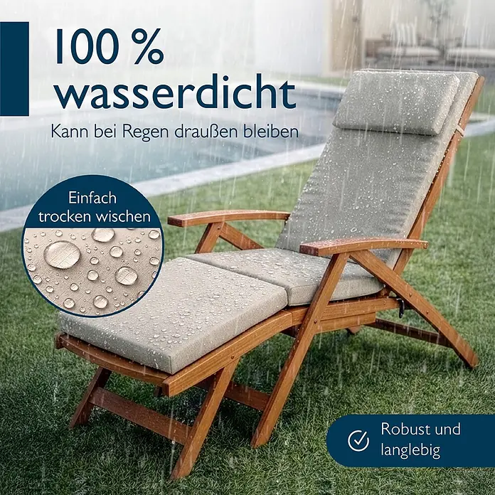 Beautissu Liegenauflage QD-DC - Deckchair, 1 Stk., L x B x H: 175 x 45 x 5 cm, Polyester, Beige - Wasserdichte Holzliege mit hellgrauen Polstern, die im Regen draußen steht und Wasser abperlen lässt.
