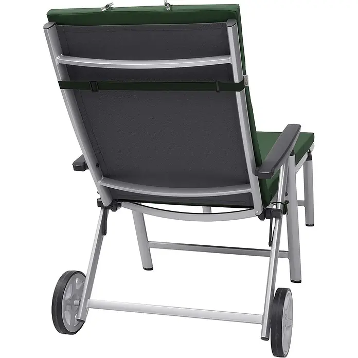 Beautissu Liegenauflage Loft RL - Rollliege, 2 Stk., Polyester, Dunkelgrün - Klappbare Liege: grünes Kissen, graue Netzrückenlehne, silberner Aluminiumrahmen, schwarze Armlehnen, Rollen.