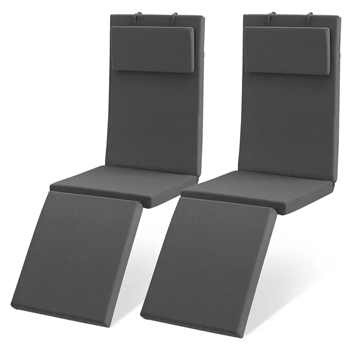 Beautissu Liegenauflage QD-DC - Deckchair, 2 Stk., Polyester, anthrazit - Zwei dunkelgraue Stoff-Liegestuhlauflagen mit integrierten Kopfkissen und Fußstützen für Komfort im Freien.
