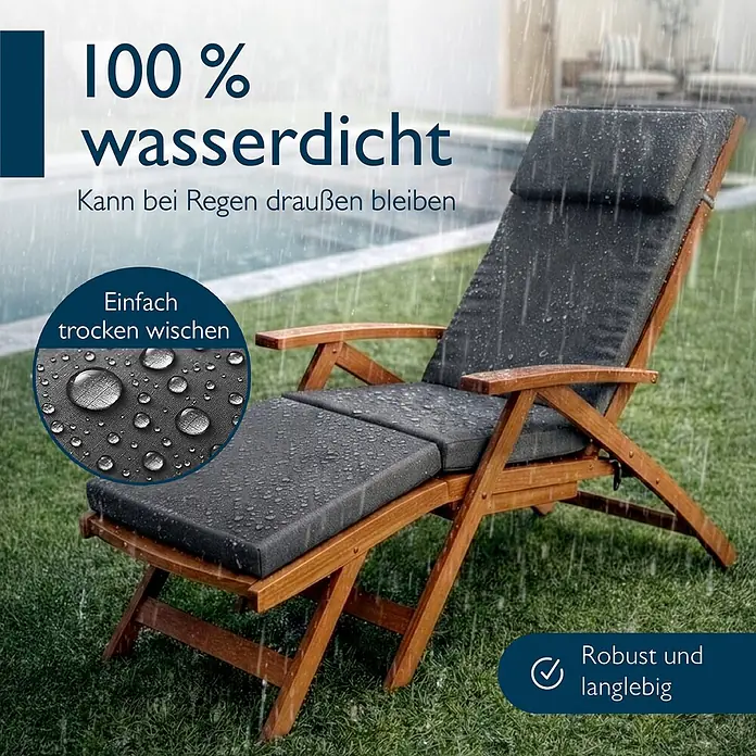 Beautissu Liegenauflage QD-DC - Deckchair, 2 Stk., Polyester, anthrazit - Holzliegestuhl mit dunkelgrauen wasserdichten Kissen, sichtbar mit Regentropfen bedeckt.