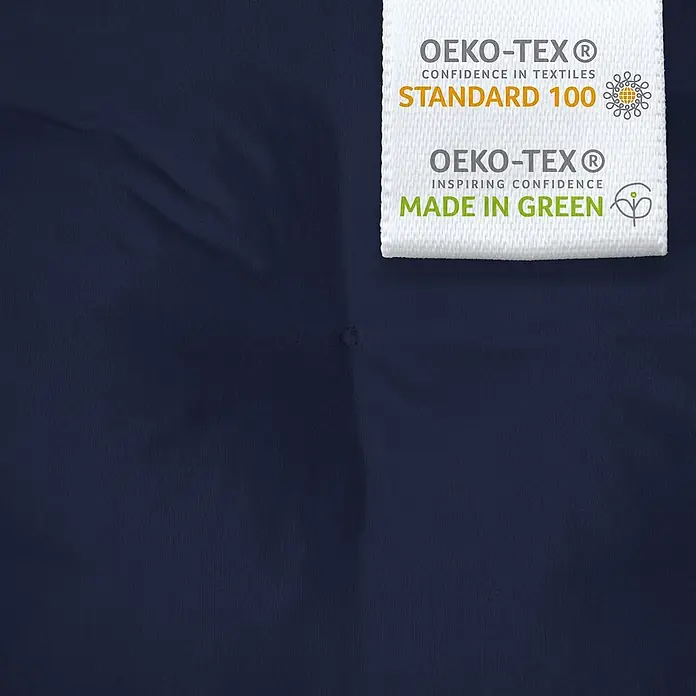 Beautissu Liegenauflage Flair DC - Deckchair, 2 Stk., Polyester, dunkelblau - Dunkelblauer Stoff mit zwei weißen OEKO-TEX Etiketten: STANDARD 100 und MADE IN GREEN.