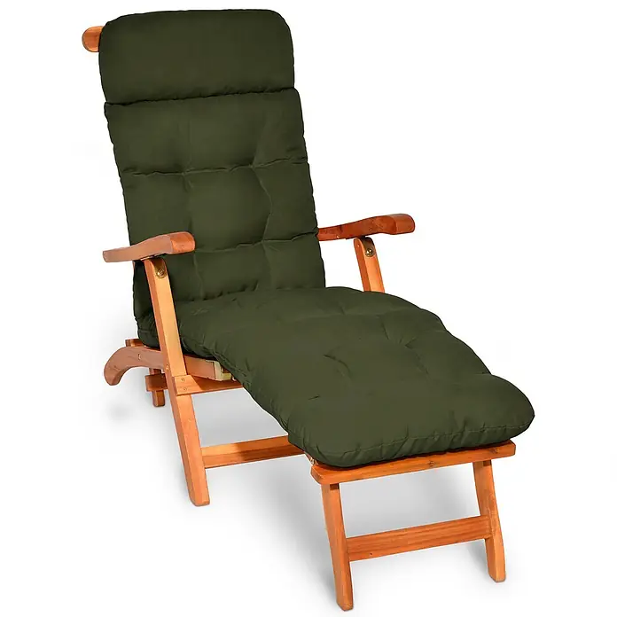 Beautissu Liegenauflage Flair DC - Deckchair, 2 Stk., L x B x H: 200 x 50 x 16 cm, Polyester, Olivgrün - Holz-Gartenliege mit dunkelgrünem Polster.