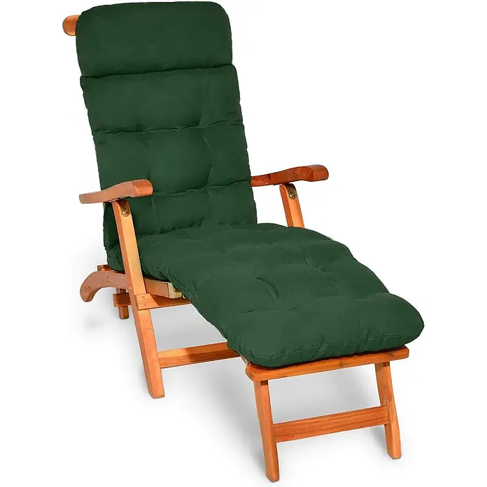 Beautissu Liegenauflage Flair DC - Deckchair, 2 Stk., Polyester, Dunkelgrün - Hölzerner Liegestuhl mit dunkelgrünem Polster.
