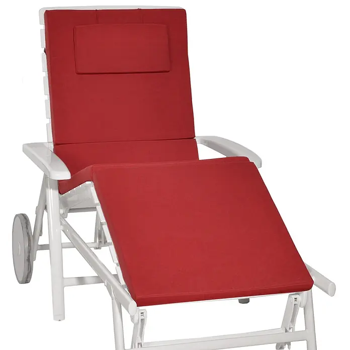 Beautissu Liegenauflage Loft RL - Rollliege, 1 Stk., Polyester, Rot - Weiße Sonnenliege mit roten Polstern und Rollen.