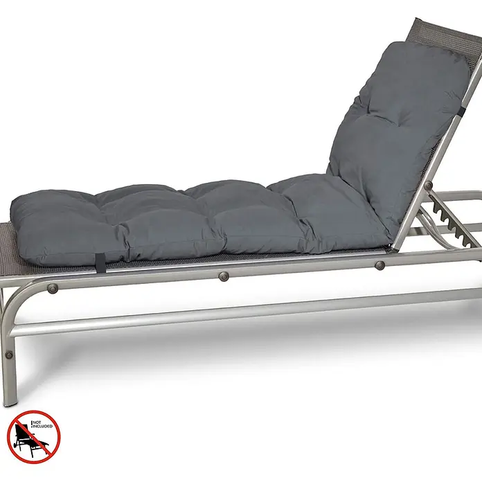 Beautissu Liegenauflage Flair RL - Rollliege, 2 Stk., Polyester, Graphitgrau - Gestepptes graues Outdoor-Liegestuhlkissen auf einem Metallrahmen.