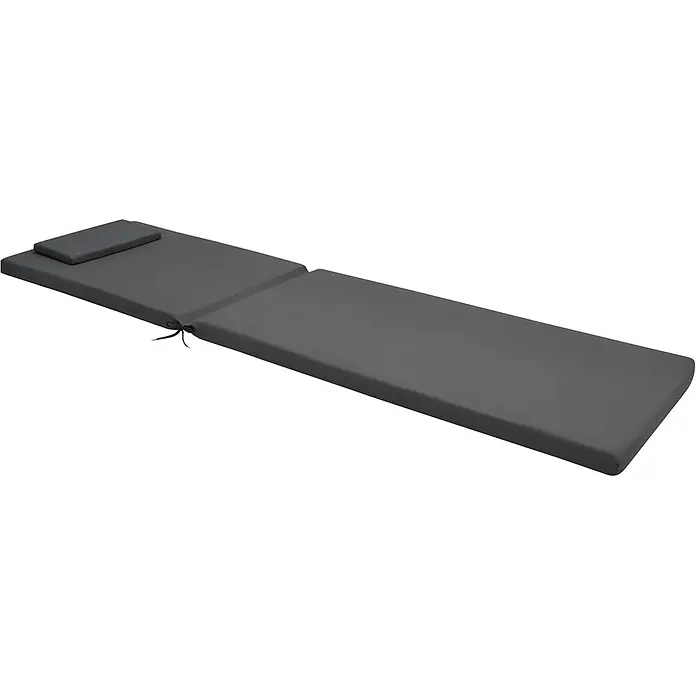 Beautissu Liegenauflage Loft RL - Rollliege, 2 Stk., Polyester, Graphitgrau - Dunkelgraues ausgeklapptes Sonnenliegenkissen mit Kopfkissen und Bändern.