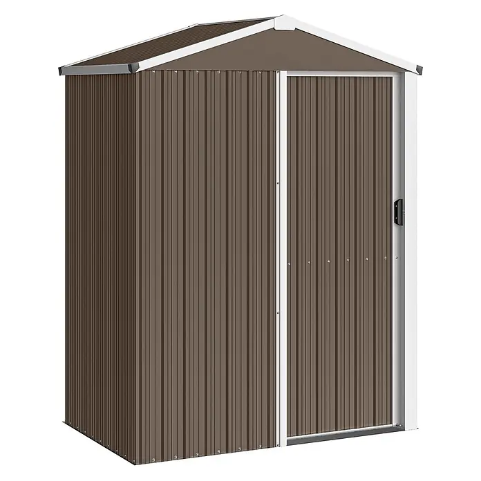 Furnicato Gerätehaus - Außenbreite inkl. Dachüberstand: 136 cm, Außentiefe inkl. Dachüberstand: 87 cm, Stahl, Braun - Brauner Wellblech-Gartenschuppen mit weißem Dach und Türrahmen für die Lagerung im Freien.
