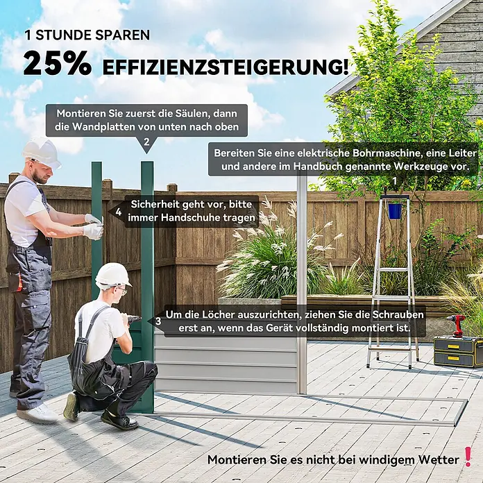 Furnicato Gerätehaus - Außenbreite inkl. Dachüberstand: 121 cm, Außentiefe inkl. Dachüberstand: 249 cm, Stahl, Grün - Zwei Arbeiter montieren ein grau-grünes Gartenhaus auf einer Holzterrasse, Werkzeuge liegen bereit.