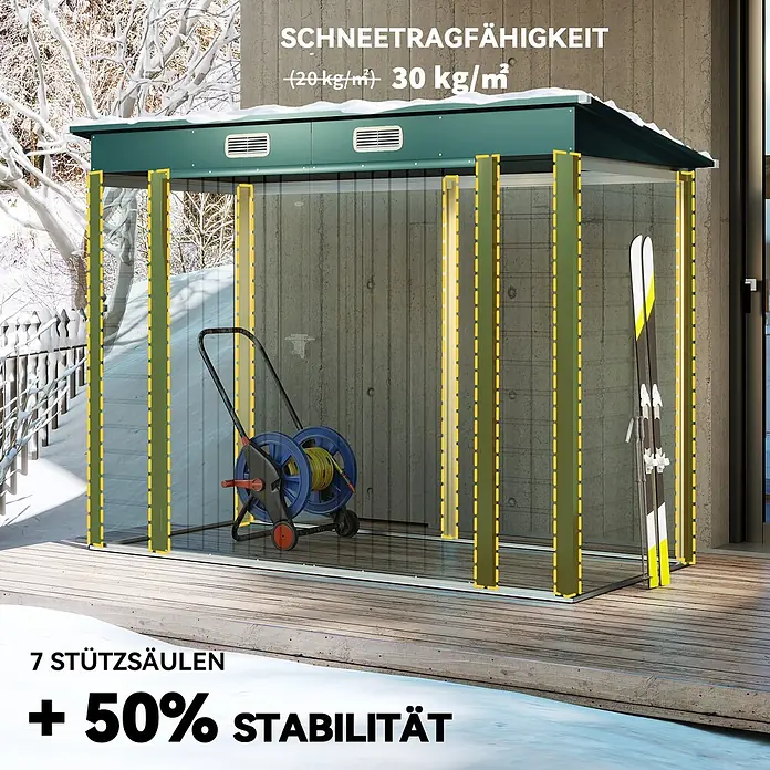 Furnicato Gerätehaus - Außenbreite inkl. Dachüberstand: 121 cm, Außentiefe inkl. Dachüberstand: 249 cm, Stahl, Grün - Grüner Geräteschuppen mit transparenten Wänden und 7 Stützsäulen, für 30 kg/m² Schneelast und 50% mehr Stabilität, ideal für den Winter.