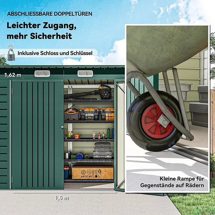 Furnicato Gerätehaus - Außenbreite inkl. Dachüberstand: 121 cm, Außentiefe inkl. Dachüberstand: 249 cm, Stahl, Grün - Dunkelgrünes Metall-Gartengerätehaus mit offenen, abschließbaren Doppeltüren (1,62m H x 1,5m B), zeigt Innenregale und niedrige Rampe für Rollartikel.