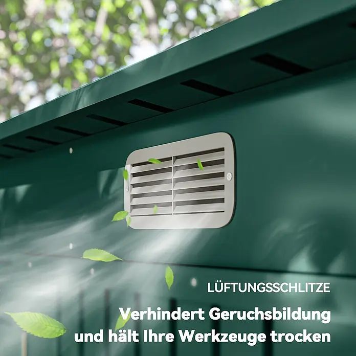 Furnicato Gerätehaus - Außenbreite inkl. Dachüberstand: 121 cm, Außentiefe inkl. Dachüberstand: 249 cm, Stahl, Grün - Dunkelgrüner Geräteschuppen mit hellgrauem Lüftungsschlitz, zeigt Luftstrom gegen Geruch und für trockene Werkzeuge.