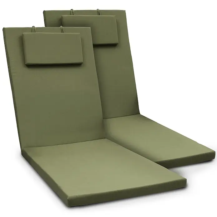 Beautissu Liegenauflage Loft RL - Rollliege, 2 Stk., L x B x H: 200 x 60 x 10 cm, Polyester, Olivgrün - Zwei olivgrüne Liegestuhlkissen mit integrierten Kopfstützen.