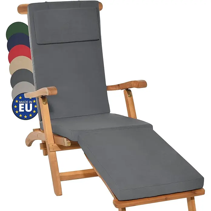 Beautissu Liegenauflage LoftLux DC - Deckchair, 2 Stk., L x B x H: 175 x 45 x 10 cm, Polyester, Graphitgrau - Holzliegestuhl mit dunkelgrauen Polstern, der mehrere Polsterfarboptionen zeigt.