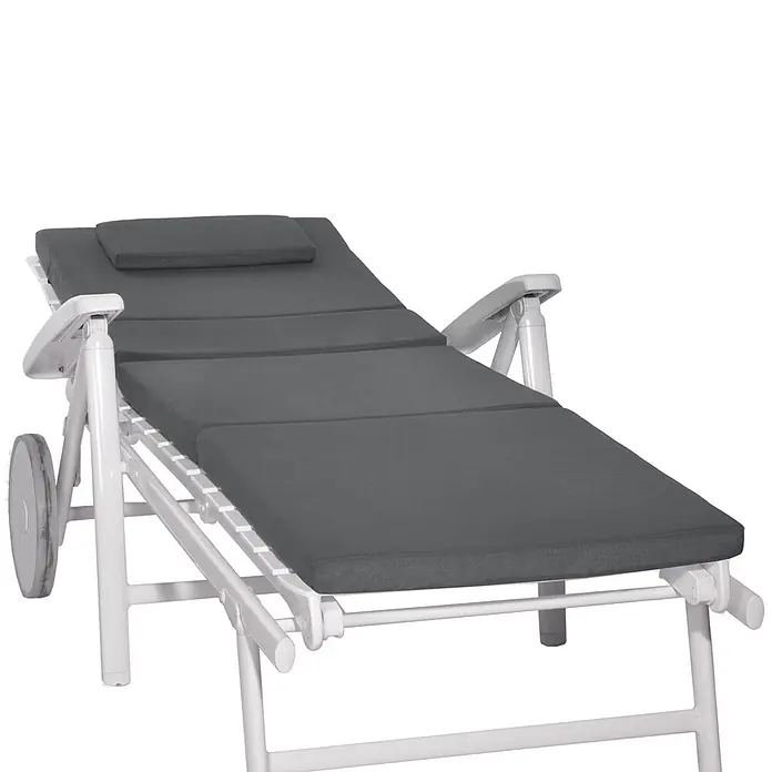 Beautissu Liegenauflage Loft RL - Rollliege, 1 Stk., Polyester, Graphitgrau - Weiße Sonnenliege mit dunkelgrauen Polstern, verstellbaren Armlehnen und Rädern für einfache Mobilität.