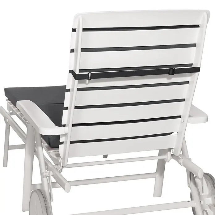 Beautissu Liegenauflage Loft RL - Rollliege, 1 Stk., Polyester, Graphitgrau - Weiße Gartenliege mit dunkelgrauem Kissen, verstellbarer Rückenlehne und Rollen. Ein schwarzes Band sichert die Rückenlehne.