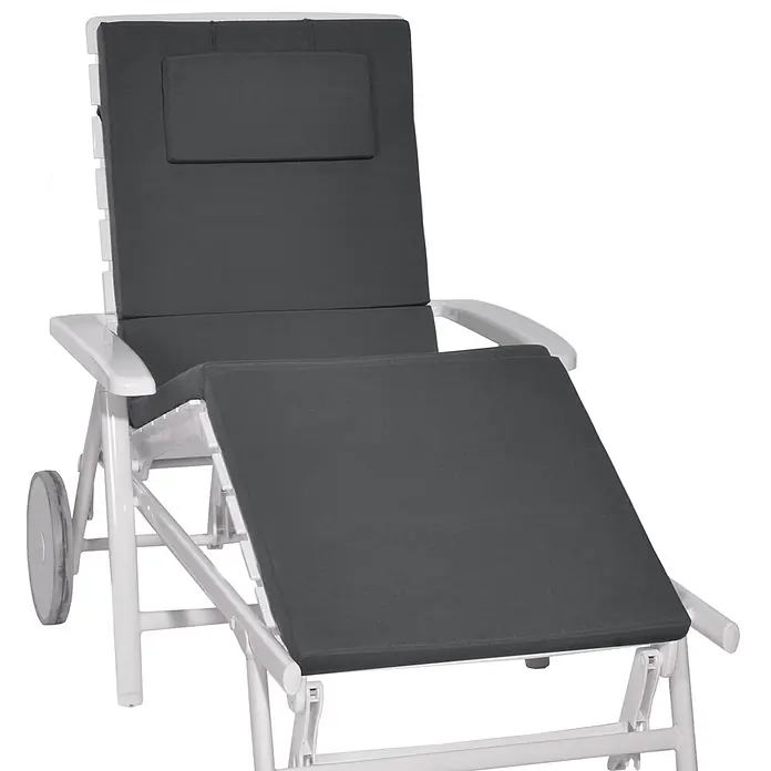 Beautissu Liegenauflage Loft RL - Rollliege, 1 Stk., Polyester, Graphitgrau - Weiße Sonnenliege mit dunkelgrauen Polstern, inklusive Kopfstütze und Rollen für einfache Bewegung.